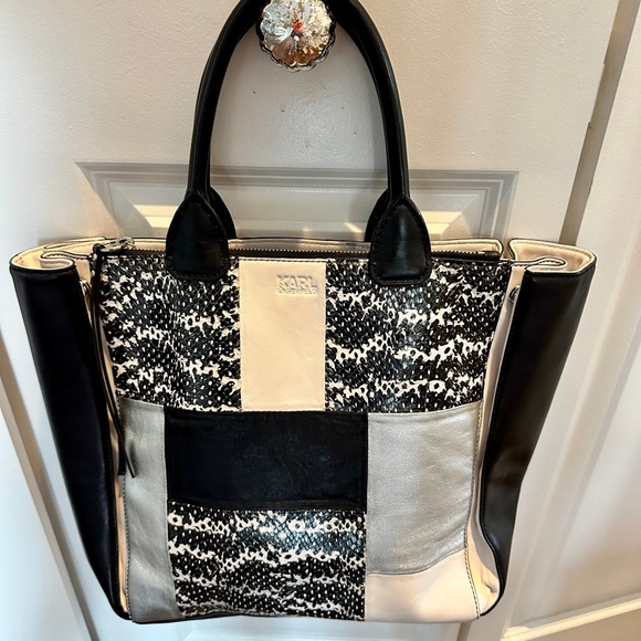 Karl Langerfeld Tote Lamb Leather Patchwork Metallic Handbag - Picture 1 of 9